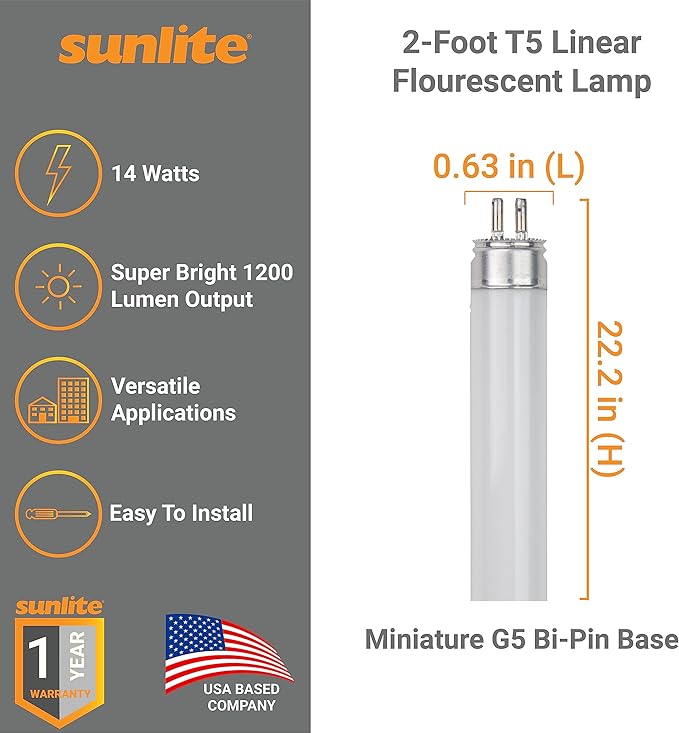 Sunlite 30314 F14T5/865 2 Foot T5 Linear Fluorescent Lamp, 14 Watts, 1200 Lumens, 6500K Daylight, Miniature G5 Bi-Pin Base, ROHS Compliant, High Performance Straight Tube, 40 Pack