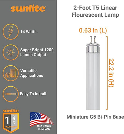 Sunlite 30314 F14T5/865 2 Foot T5 Linear Fluorescent Lamp, 14 Watts, 1200 Lumens, 6500K Daylight, Miniature G5 Bi-Pin Base, ROHS Compliant, High Performance Straight Tube, 40 Pack