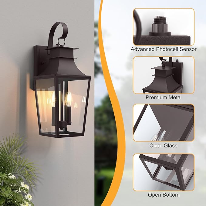 Outdoor Wall Sconces 2-Light, 20.98" Waterproof Wall Lantern Exterior Wall Mount with Tempered Glass, Oil Rubbed Bronze Dusk to Dawn Outdoor Lighting for Patio, Front Door, Garage
