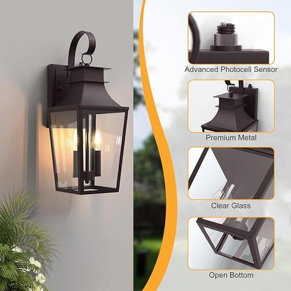 Outdoor Wall Sconces 2-Light, 20.98" Waterproof Wall Lantern Exterior Wall Mount with Tempered Glass, Oil Rubbed Bronze Dusk to Dawn Outdoor Lighting for Patio, Front Door, Garage