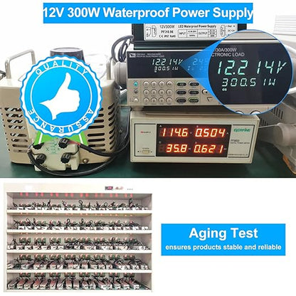inShareplus 12V 300W Power Supply, AC 80-265V to DC 12 Volt 25A IP67 Waterproof LED Power Supply, Low Voltage Transformer, Outdoor Driver with 3-Prong Plug 3.3 Feet Cable for LED Light, Outdoor Use