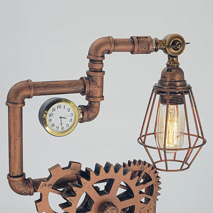 Eclectic Copper Steampunk Pipe Table Lamp with 360° Adjustable Light & Clock (Cage Shade) QTF-BT06