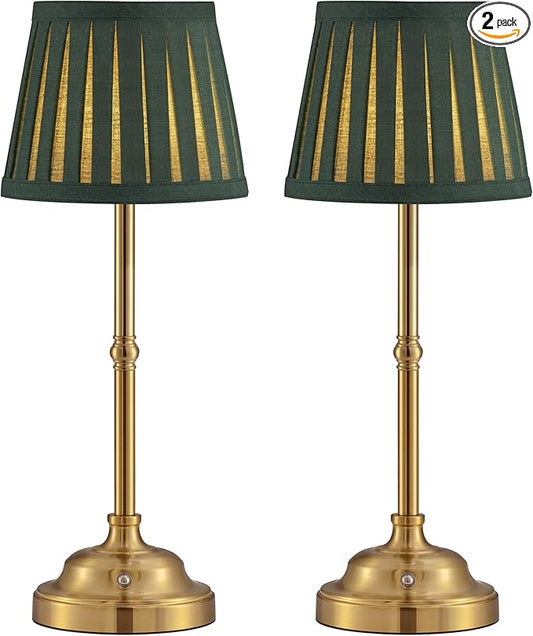KDG Cordless LED Table Lamp Set of 2, Portables Fabric Shade Desk Lamps, 4000mAh Rechargeable Battery Powered Lighting, Dimmable Light for Dining Room, Bedroom, Bedside, Night Light, Balcony (Green)