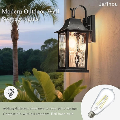 Outdoor Wall Light， 13" Sconce with Water Pattern Glass, Waterproof & Rustproof Exterior Lighting ，Weatherproof Front Porch Lights，for House Garage Doorway Patio (1 Pack, Black)