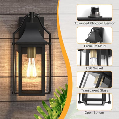 Dusk to Dawn Outdoor Wall Light, Waterproof Wall Sconces, Exterior Wall Mount Lantern Sconce with Glass, Black Patio Lanterns for House Garage Front Door, 14.8in, 1 Pcak