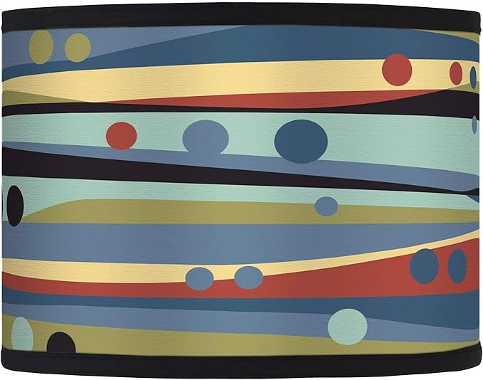 Drum Print Lamp Shade Natural Dots and Waves Blue Red Medium 13.5" Top x 13.5" Bottom x 10" High Spider with Replacement Harp and Finial Fitting - Giclee Glow