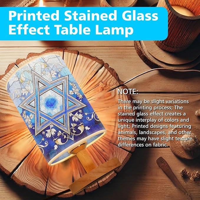 Star of David Table Lamp LED 3-Color Pressed Bedside, Star of David Shade Lamp with Wood Base for Bedroom Living Room Desk Office TL01