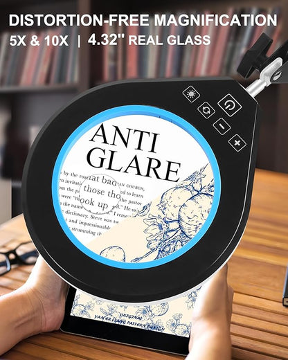 10X & 5X Magnifying Glass with Light, Ultra Long Swing Arm, 5 Colors & 10 Brightness, Real Glass Lens Large Magnifying Lamp for Craft Painting Workbench Jewelry Making Hobby Close Work (Blue)