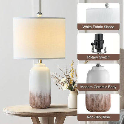 24" Ceramic Table Lamps Set of 2 for Living Room, Modern Brown Bedside Lamps for Night Stands, 3 Way Dimmable Farmhouse End Table Lamp with White Shade for Bedroom
