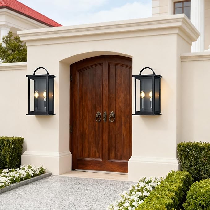 Outdoor Wall Sconce,2-Light in Black Rectangular Metal Frame and Clear Glass Shade Waterproof Porch Light Patio Light,Bulbs Not Included