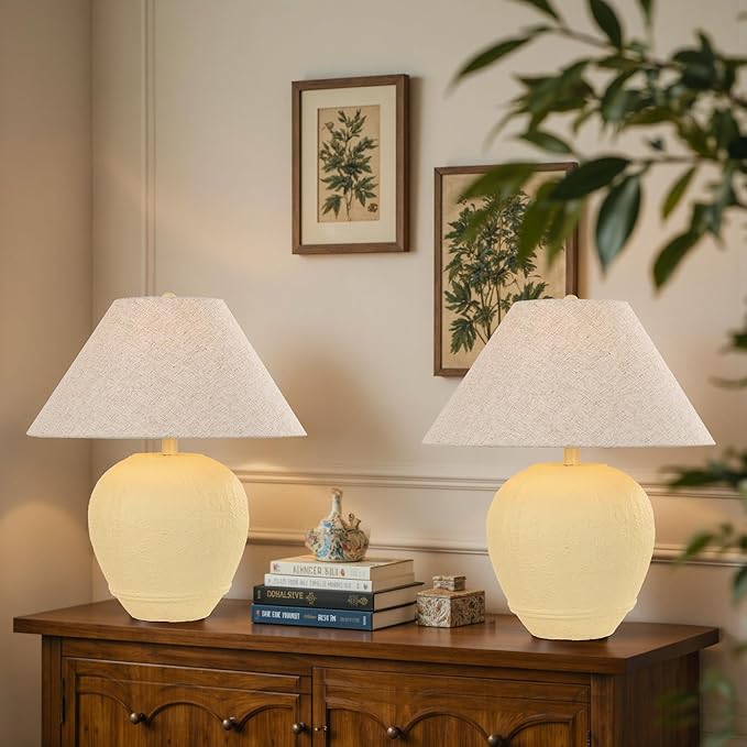 Farmhouse Ceramic Table Lamp Set of 2, 21" Rustic Table Lamp with Linen Shade, 3-Way Dimmable Bedside Nightstand Lamps for Bedroom, Living Room, E26 Socket, Cream