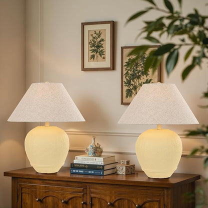Farmhouse Ceramic Table Lamp Set of 2, 21" Rustic Table Lamp with Linen Shade, 3-Way Dimmable Bedside Nightstand Lamps for Bedroom, Living Room, E26 Socket, Cream
