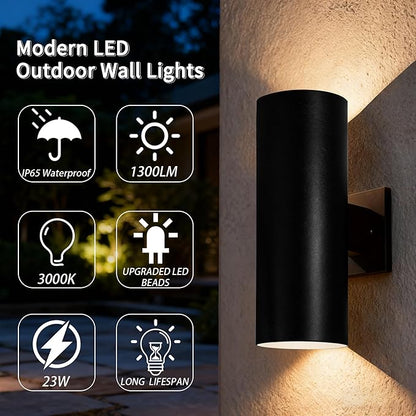 Modern Outdoor Wall Lights,Stainless Steel, 23W 3000K Integrated LED Cylinder Up Down Wall Sconce Porch Lighting IP65 Waterproof Patio Wall Light Fixture for House Porch Entryway