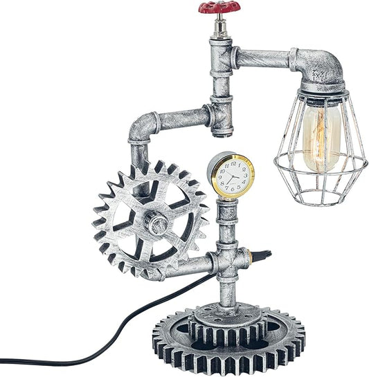 Antique Steampunk Pipe Table Lamp with Adjustable Joint & Clock (Cage Shade) QTF-BT05