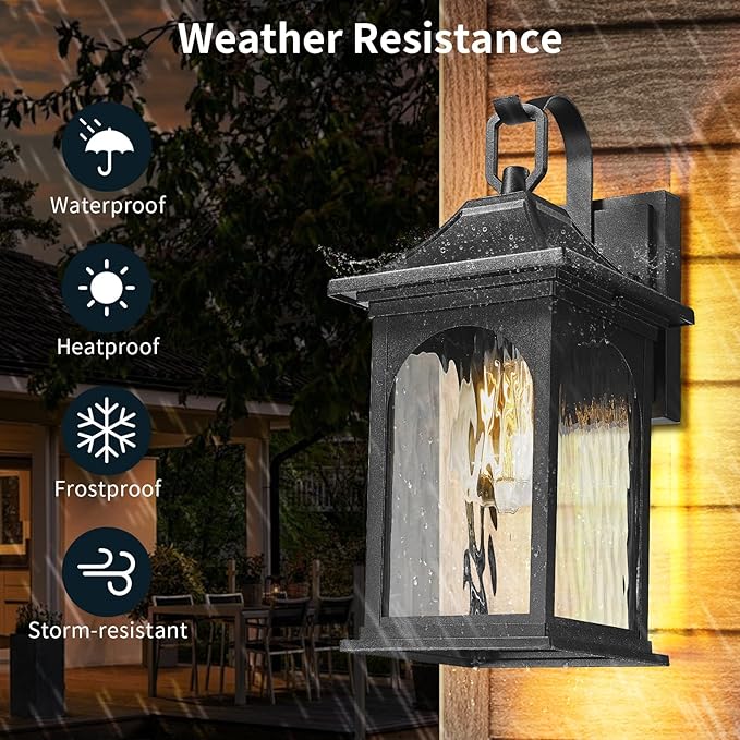 Porch Lights Outdoor Light Fixtures Wall Mount, 13.78 Inch Black Exterior Light Fixtures with Water Ripple Glass, Modern Outdoor sconces Wall Lighting Fixture for Patio House Garage, 2 Pack