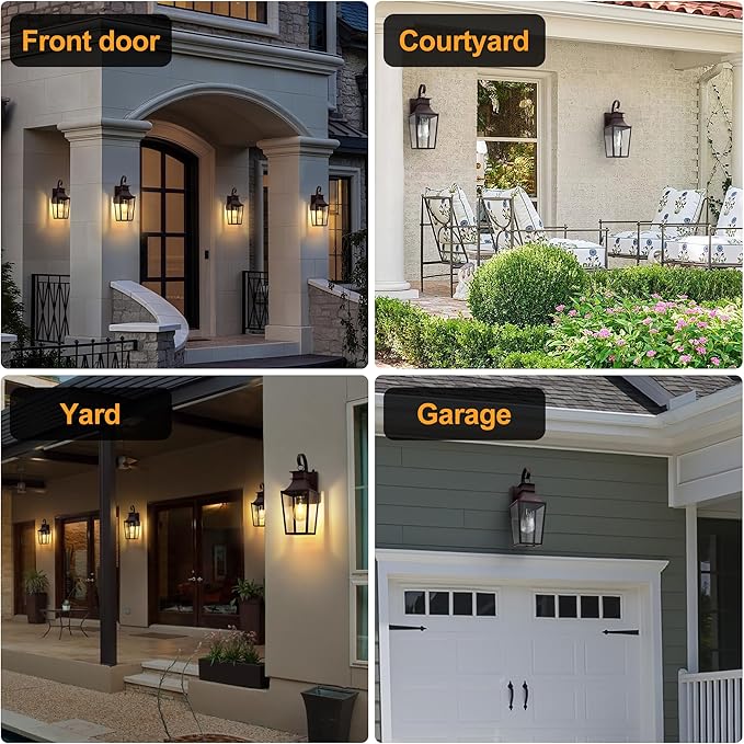 Outdoor Wall Lantern, 𝟏𝟔 𝐈𝐍𝐂𝐇 Dusk to Dawn Outside Light Wall Sconce with E26 Sockets & Clear Glass Shades, Oil Rubbed Bronze Waterproof Outdoor Lights for House Front Door Porch