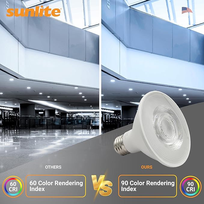 Sunlite Reflector PAR30 LED Bulb, Spotlight, 9W (75W=), 750 Lmns, Medium E26 Base, 90 CRI, Dimmable, Decorative Track Lighting Use, ETL, Title-20 Compliant, Bulk, 24 Pack, 50K-Daylight