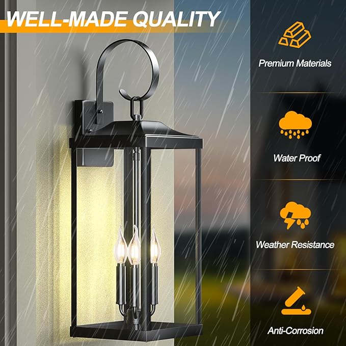 2 Packs 24" Extra Large Outside Wall Light Fixture 3-Light, Black Outdoor Porch Lantern Wall Mounted, Waterproof Modern Outside Wall Sconce Coach Lamp for House, E12