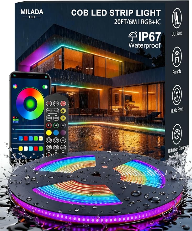 COB LED Strip Lights, RGB Smart IC, IP67 Waterproof, Dimmable 20FT/6M, Color Flowing Tape Light with App Control & Music Sync, Dotless LED Light for Outdoor, Patio, christmas & Party Decorations