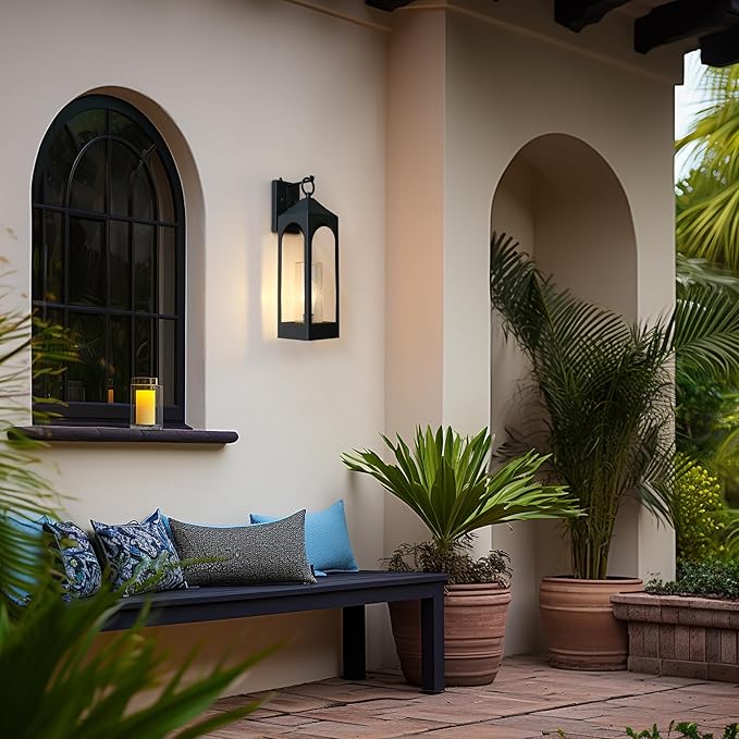 LamQee 20 Inch Dusk to Dawn Outdoor Wall Lights, Large Exterior Lighting Fixtures with Seeded Glass, Textured Black Modern Outdoor Sconces Wall Mount Lantern for House Porch Patio Garage Front Door