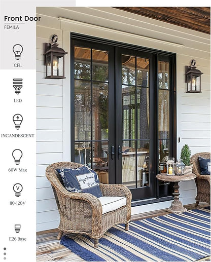 FEMILA 2-Pack Outdoor Wall Sconce Lights Oil Rubbed Bronze, 15" Exterior Outdoor Light Fixtures Wall Mount with Seeded Glass, for Front Porch Patio Garage, 4FD54B-2PK ORB