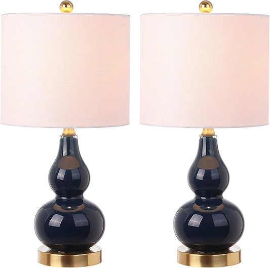 JONATHAN Y JYL1028F-SET2 20.5" Navy and Gold Glass Gourd Table Lamp Set of 2, Modern Glam Bedside Nightstand Lamps for Bedroom, Living Room, Office, End Table with White Linen Drum Shade