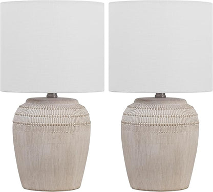 JONATHAN Y JYL5707B-SET2 16.75" Antique White Rustic Reeded Ceramic Table Lamp Set of 2 for Living Room, Traditional Farmhouse Bedside Nightstand Lamps with White Linen Shade, LED Bulbs Included