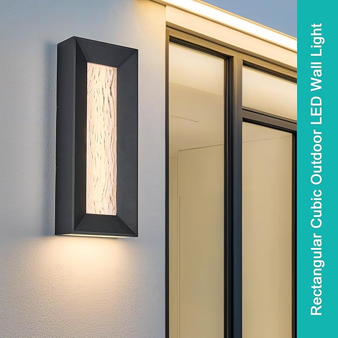 Modern 15in LED Outdoor or Indoor Wall Light with Cast Art Glass,Integrated LED 18.5W 3000K,IP65 Waterproof,Aluminum Extrusions in Textured Black,Wall Mount for Patio, Entryway, Garage