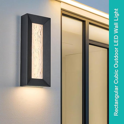 Modern 15in LED Outdoor or Indoor Wall Light with Cast Art Glass,Integrated LED 18.5W 3000K,IP65 Waterproof,Aluminum Extrusions in Textured Black,Wall Mount for Patio, Entryway, Garage