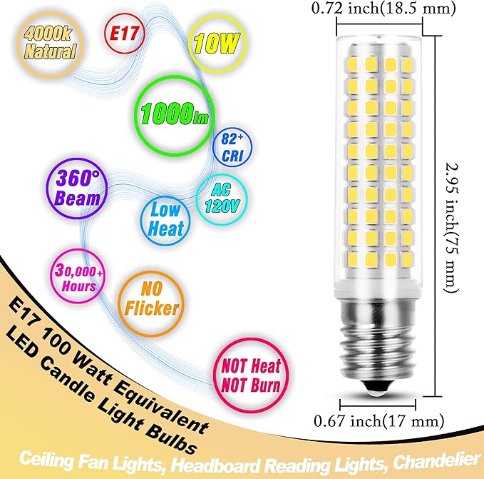 E17 LED Bulb 10 Watt Equivalent 100W 4000K Natural White 1000lm Non-Dimmable 120V E17 Intermediate Base LED Bulb for Desk Lamp, Ceiling Fan Lights, Headboard Reading Lights, Chandelier, 3 Pack