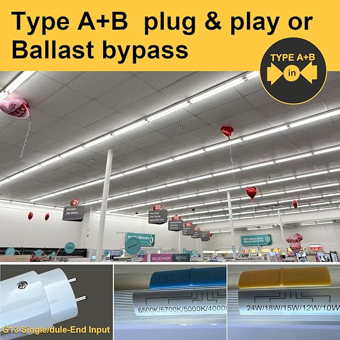 25PK 4FT LED T8 Tube Light, Frosted 24W-10W Selectable Watt & CCT 6500K-3000K, Type A+B Plug&Play or Ballast Bypass 4 Foot Fluorescent Tube Replacement, 120-277V Single or Double Ended, ETL