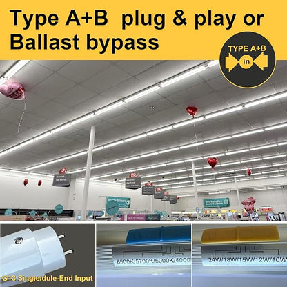 25PK 4FT LED T8 Tube Light, Frosted 24W-10W Selectable Watt & CCT 6500K-3000K, Type A+B Plug&Play or Ballast Bypass 4 Foot Fluorescent Tube Replacement, 120-277V Single or Double Ended, ETL