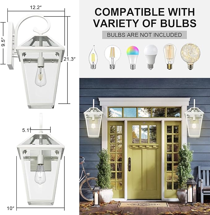 Outdoor Light Fixtures Wall Mount, Waterproof Exterior Wall Lanterns with Glass, Outside Wall Sconces, Front Porch Lights for House Garage Doorway Patio (White, Clear Glass)