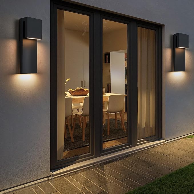 Dusk to Dawn Outdoor Lighting Fixture Wall Mount,Modern Integrated LED 2-Light 17W, Exterior Sensor Front Porch Light,Textured Black,Anti Rust Outside Wall Lights for House,Doorway,Garage