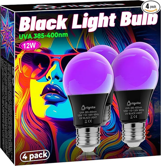 Briignite Black Light Bulbs, 12W LED Black Light Light Bulb for Halloween Decoration, UVA 385-400nm UV Light, A19 Blacklight Bulb for Glow in Dark, Body Paint Fluorescent Poster Glow Party, 4 Pack