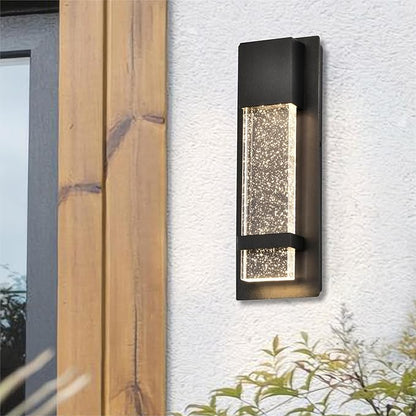 Modern LED Outdoor Wall Sconce, 13.8'' Black Exterior Wall Light Fixture with Crystal Bubble Glass, Hardwired Outdoor Light for Porch, Patio, Garage, Coach Lights, Waterproof Wall Mount Sconce