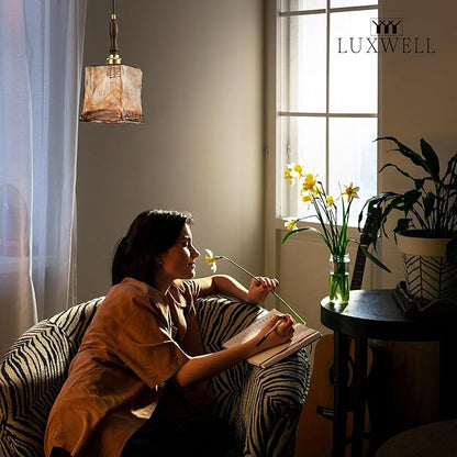 Modern Amber Glass Pendant Light, 5.25"x11.7" Elongated Hanging Fixture with Wood Grip & Brass Accent, 15"-72" Adjustable Line, E26 Socket – Golden Amber Rectangular