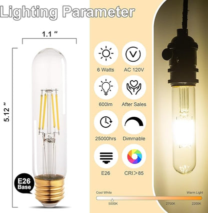 T10 Tubular Led Bulbs 60w Equivalent, Dimmable 5.25 Inch Led Tube Bulb, E26 T30 Edison Tubular Clear Light Bulbs, 5000K Cool White Long Skinny 6W 10 Pack