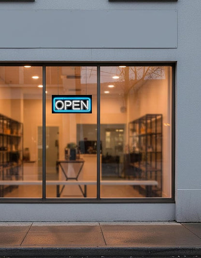 Neon Open Sign with Border - 24" wide x 11" high - Real, Quality Hand Bent Neon Sign - White Letters with a Blue Outer Border