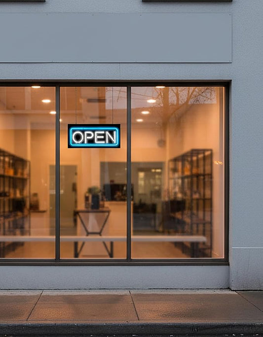 Neon Open Sign with Border - 24" wide x 11" high - Real, Quality Hand Bent Neon Sign - White Letters with a Blue Outer Border