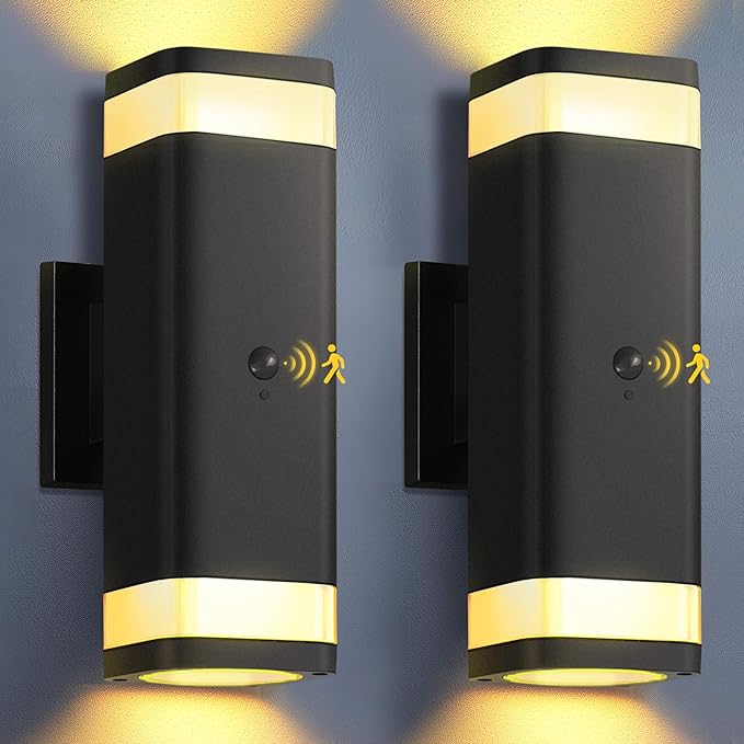 RAYVO Motion Sensor Outdoor Lights 2 Pack, Modern Dusk to Dawn Exterior Lighting Fixtures Up and Down Sconce with Black Finish, Waterproof Wall Mount Lighting for Porch Garage, Bulbs Included