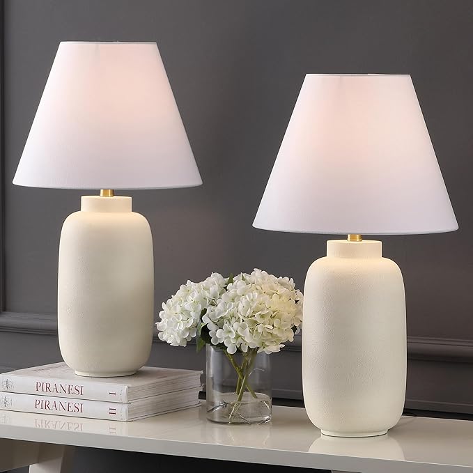 JONATHAN Y JYL5603B-SET2 24.5" Modern Minimalist Table Lamp Set of 2, Matte Cream Ginger Jar Farmhouse Bedside Lamps for Bedroom, Living Room, Office with White Linen Shade, LED Bulbs Included