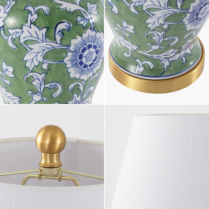 JONATHAN Y JYL3005E Penelope 22" French Country Cottage Ceramic/Iron Chinoiserie Ginger Jar LED Table Lamp, Green/White for Bedroom, Living Room, Office, College