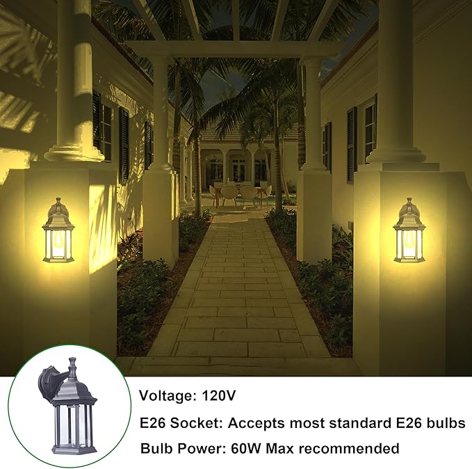 LIT-PaTH Outdoor Wall Lantern, Wall Sconce as Porch Lighting Fixture, E26 Medium Base Max 60W, Aluminum Housing Plus Glass, Matte Black Finish, 2-Pack