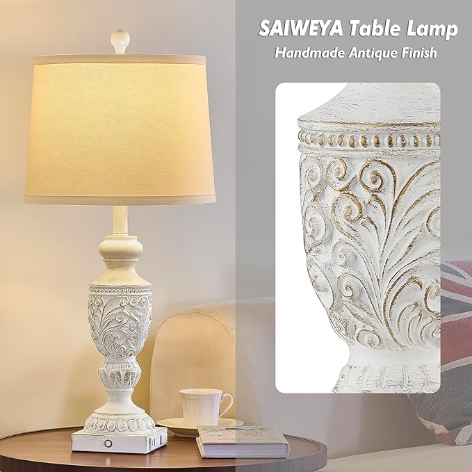 26.5" Farmhouse Table Lamp Set of 2, 3-Way Dimmable Touch Control Vintage Rustic Side Table Nightstand Lamps for Bedroom Living Room Study Room (Whitewashed Gold)