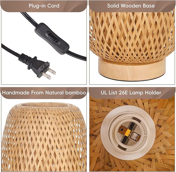 Bamboo Table Lamp for Bedroom,Boho Rattan Bedside Lamp, Vintage Wooden Wicker Nightstand Lamp Shade for Farmhouse, Desktop, Handmade Rustic Indirect Lighting