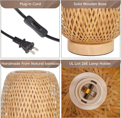 Bamboo Table Lamp for Bedroom,Boho Rattan Bedside Lamp, Vintage Wooden Wicker Nightstand Lamp Shade for Farmhouse, Desktop, Handmade Rustic Indirect Lighting