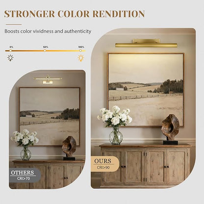 Brass Picture Lights for Wall, 30" Linear Picture Light Hardwired, 4-Light Brush Gold Art Light, Dimmable Gallery Light for Paintings, Warm White 270° Picture Frame Lights for Bathroom, Living Room