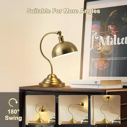Cordless LED Table Lamp, 180° Swing Arm Desk Lamp, Rechargeable, Dimmable/3 Color/Memory Function, Vintage Rechargeable Table Light for Living Room,Bedroom,Bedside, Brass