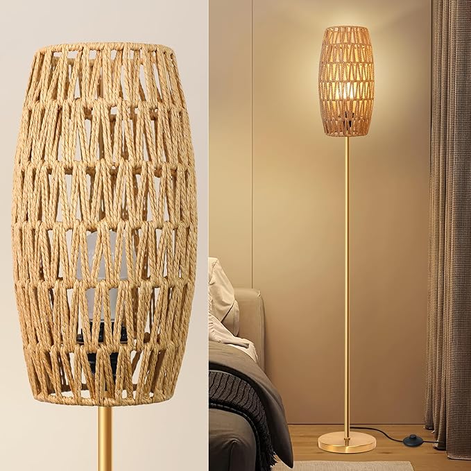 Floor Lamp for Living Room,Farmhouse Floor lamp,Modern Standing lamp with Hand-Worked Rattan Shade (Drum Rattan Shade Body Gold Color-3 Color Bulb)